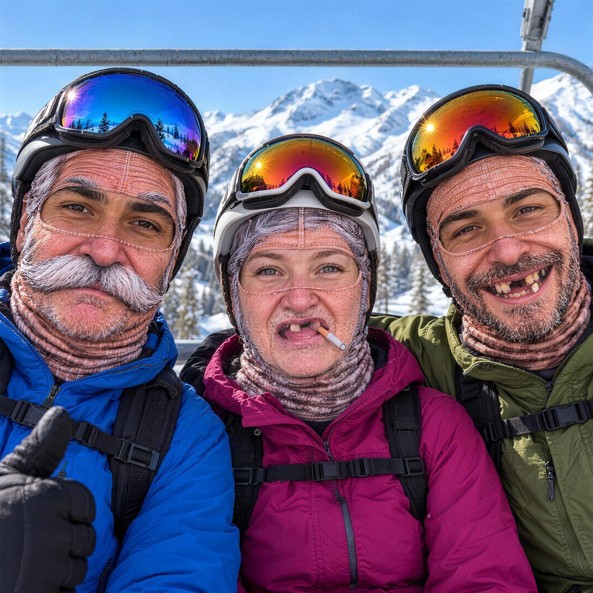 Three friends on a chairlift wearing Grandpa Walt, Grandma Ruth and Toothless Terry ski masks