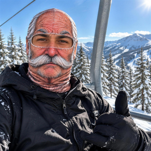 Grandpa Walt ski mask on a chairlift