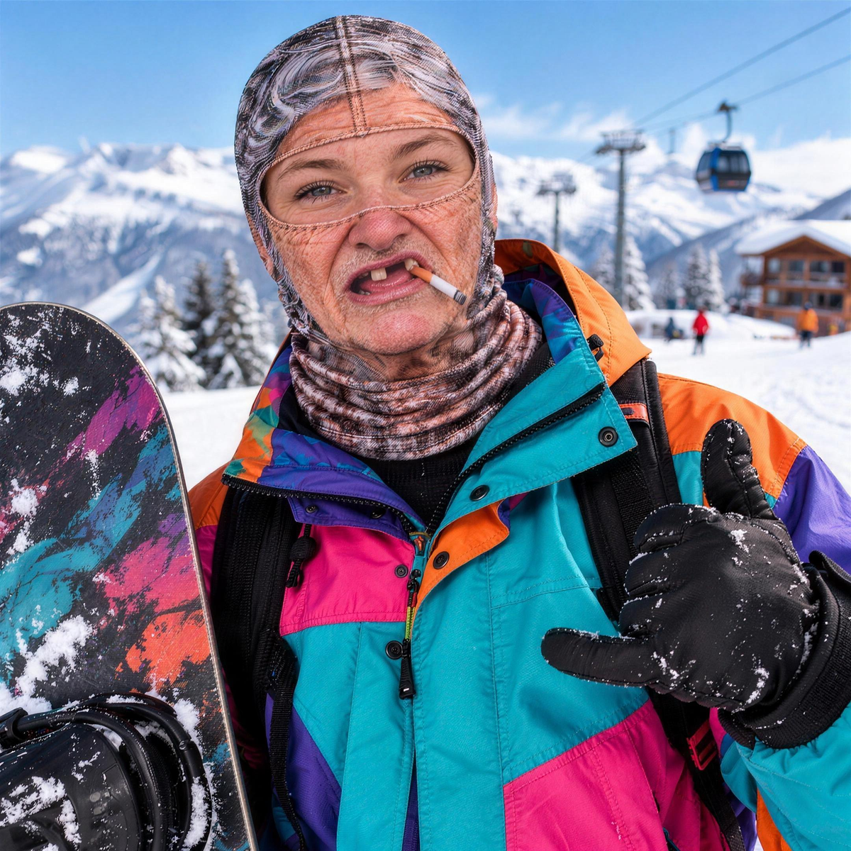 Grandma Ruth ski mask snowboarding
